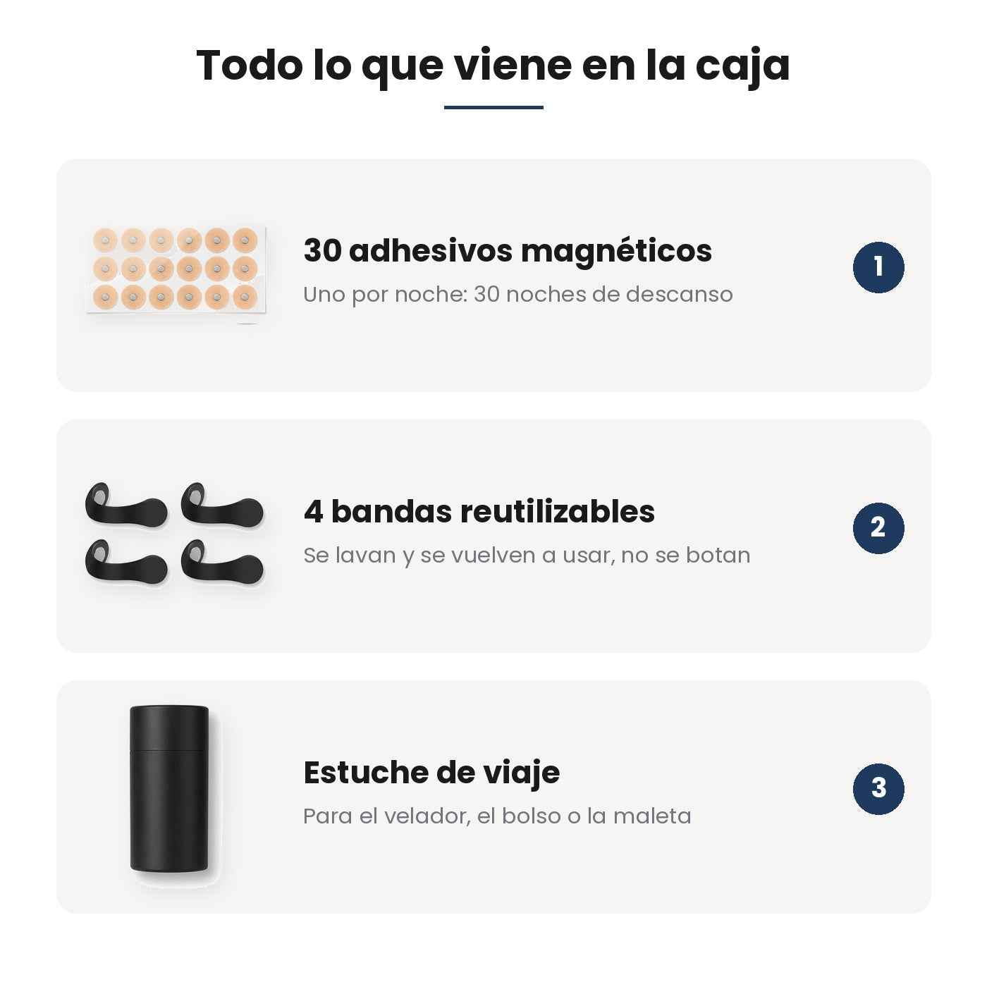 Todo lo que viene en la caja: 30 adhesivos, 4 bandas y estuche