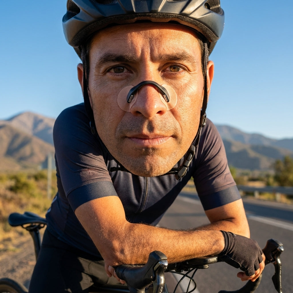 Ciclista con la banda nasal magnetica puesta