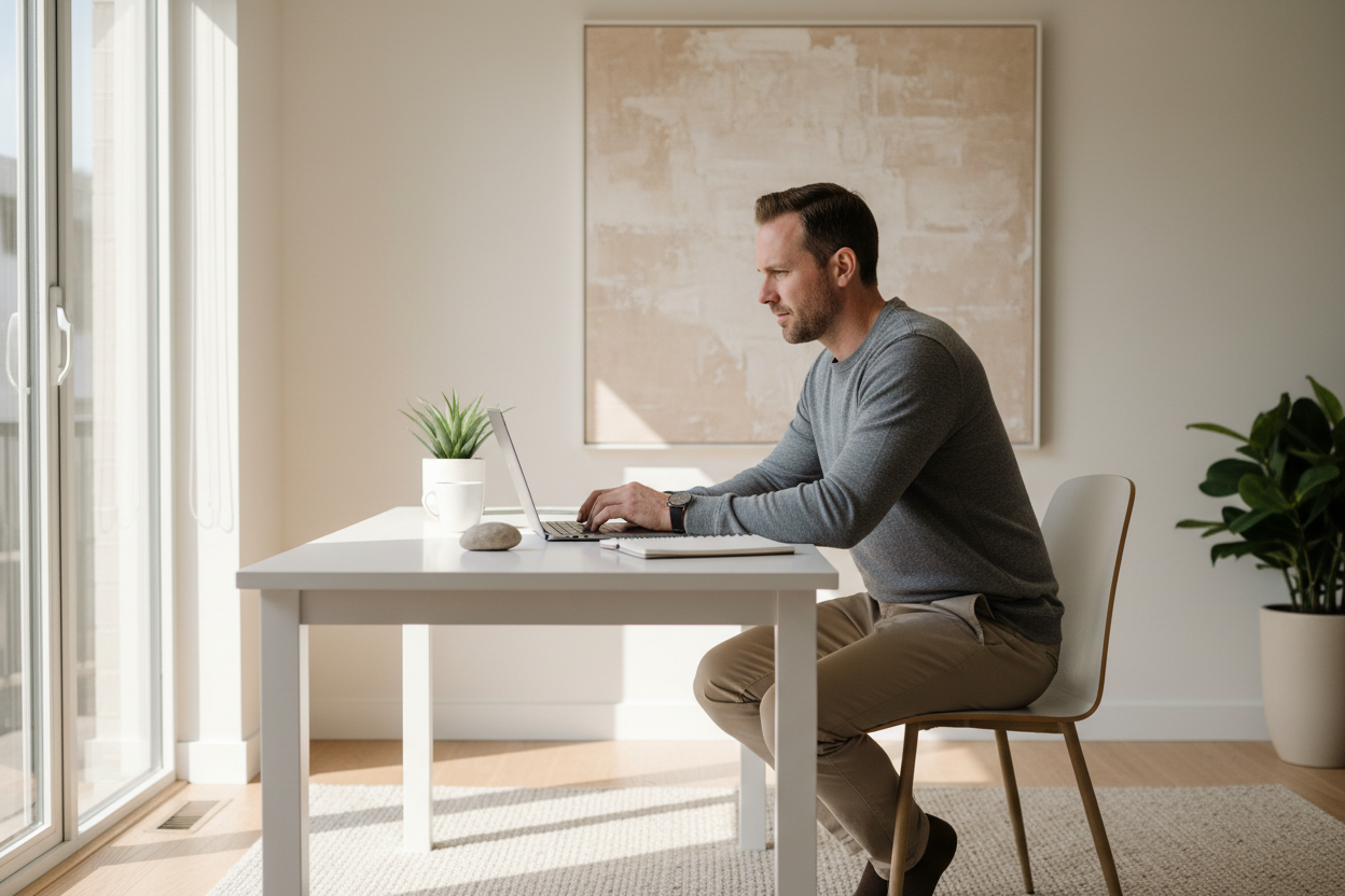 A realistic lifestyle image of a healthy adult man in his 30s working at a modern desk, looking focused and energized, natural daylight coming through a window, minimal workspace, subtle dynamic posture suggesting energy and productivity, clean premium wellness aesthetic, neutral colors, high-end commercial photography, no text, no supplements visible