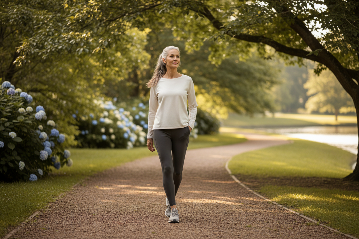 A realistic lifestyle image of a middle-aged woman walking outdoors in a park, calm and confident expression, soft sunlight, natural environment, feeling of balance, vitality and long-term health, premium wellness brand aesthetic, clean composition, shallow depth of field, high-quality commercial photography, no text, no medical imagery