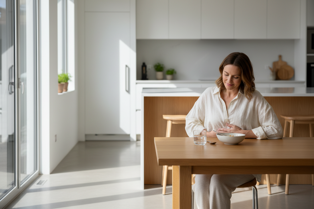 A realistic lifestyle image of a relaxed adult woman sitting comfortably at a kitchen table after eating, gently holding her stomach with a calm smile, soft natural daylight, minimal modern kitchen background, clean and warm color palette, feeling of lightness and digestive comfort, premium wellness aesthetic, shallow depth of field, high-end e-commerce photography, no text, no medical symbols