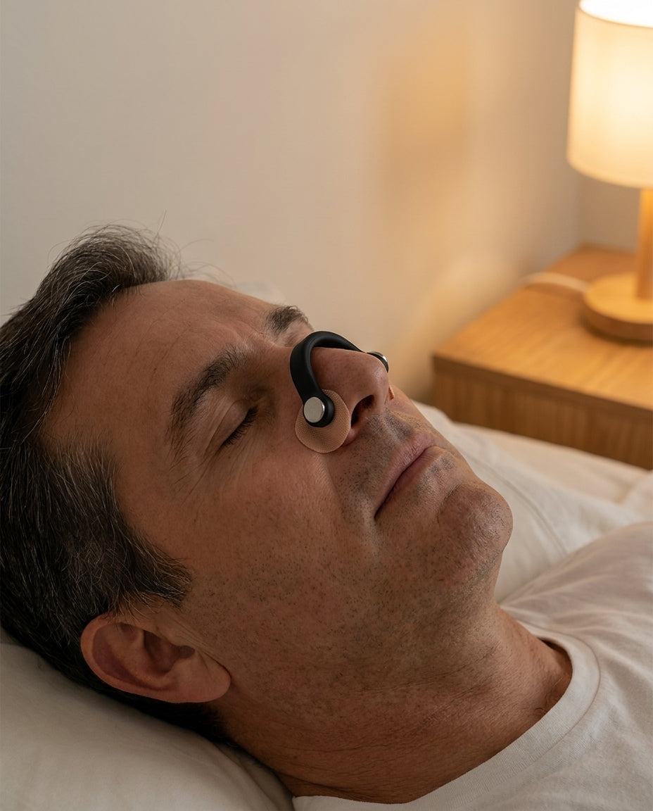 Hombre durmiendo con la Banda Nasal Magnética Nova puesta